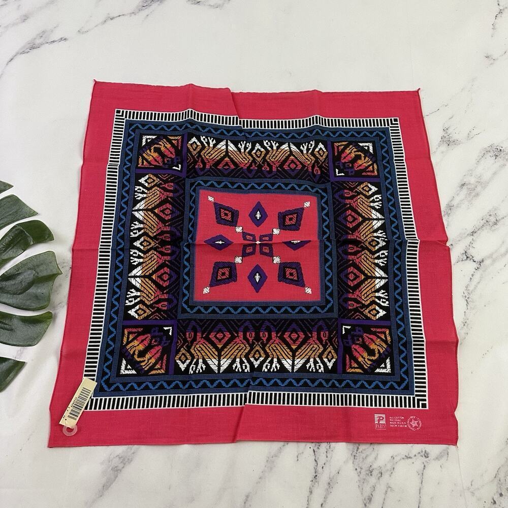 Vintage 90s Bandana Scarf New Pink Blue Southwest Geometric Print Cotton